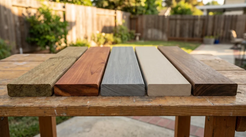 Deck material samples including wood, composite, PVC, and hardwood