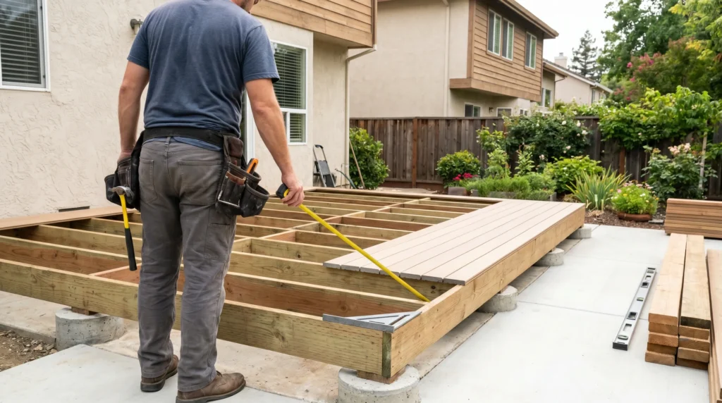Contractor measuring a framed backyard deck during construction