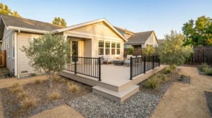 Light-colored composite deck with black aluminum railing in Sacramento backyard. Deck cost