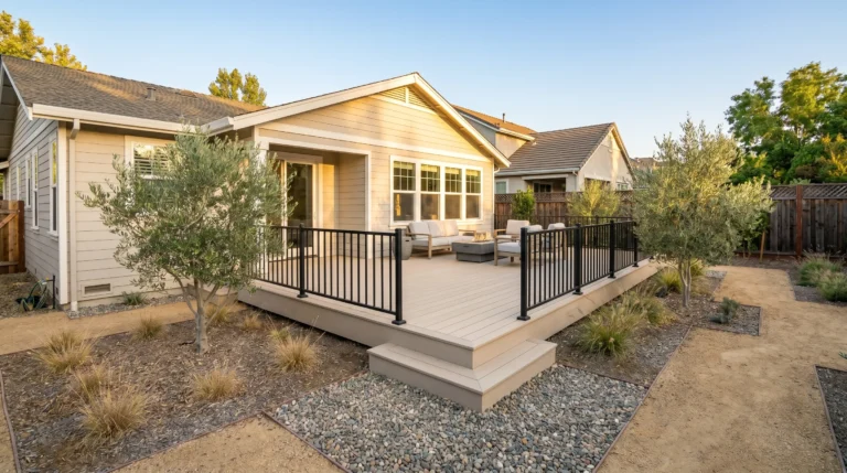 Light-colored composite deck with black aluminum railing in Sacramento backyard. Deck cost