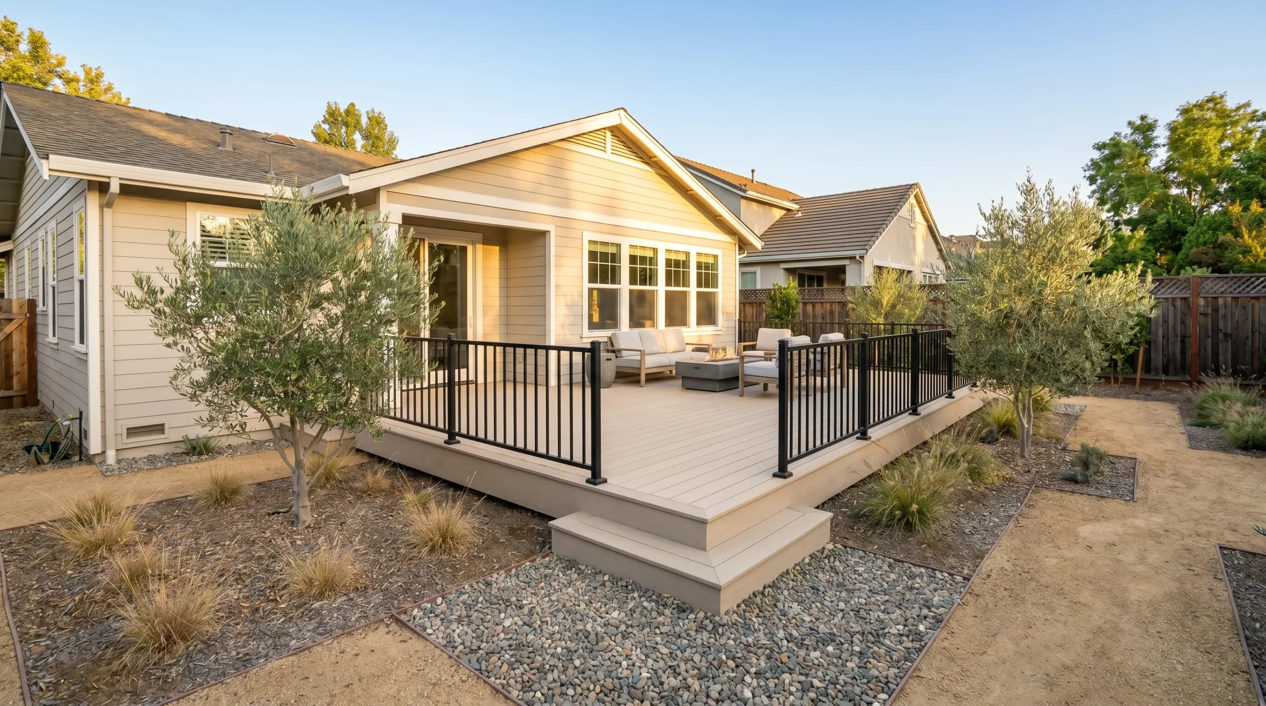 Light-colored composite deck with black aluminum railing in Sacramento backyard. Deck cost